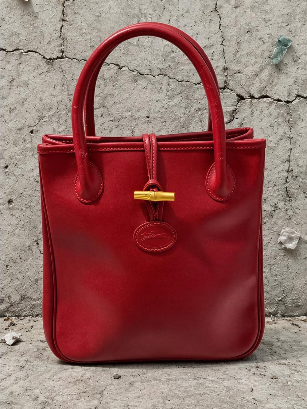 Longchamp Red Leather Tote Bag with Gold Toggle